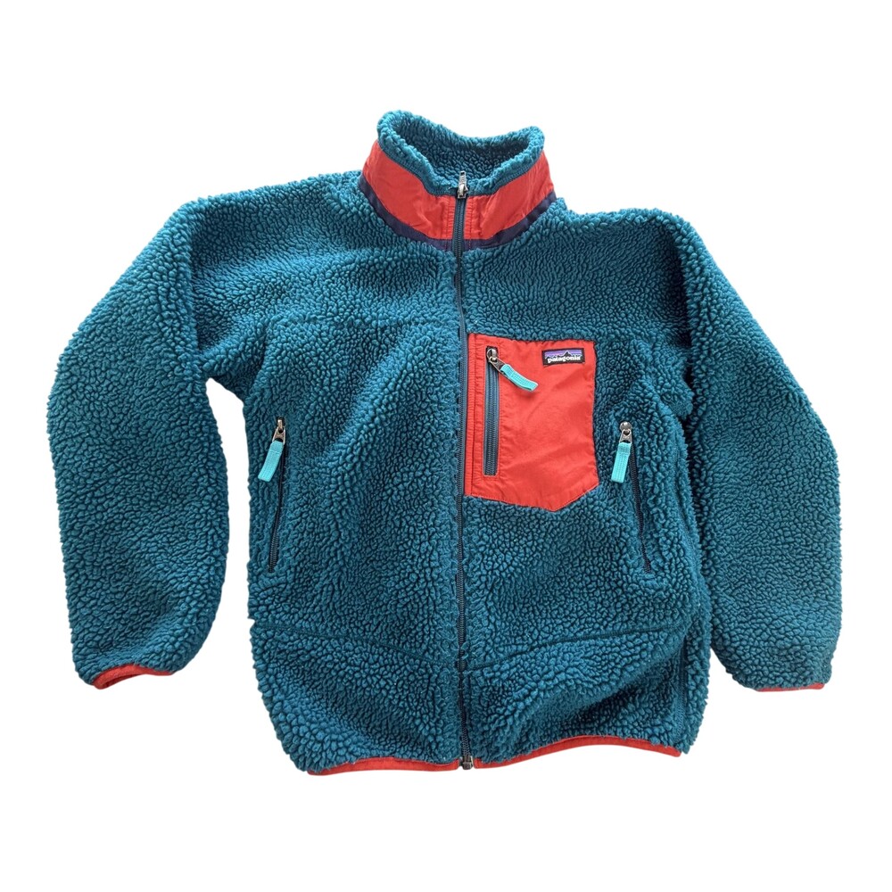 Patagonia Jacket Kids 10 Blue Fleece Sherpa Full Zip Pockets Colorblock Winter